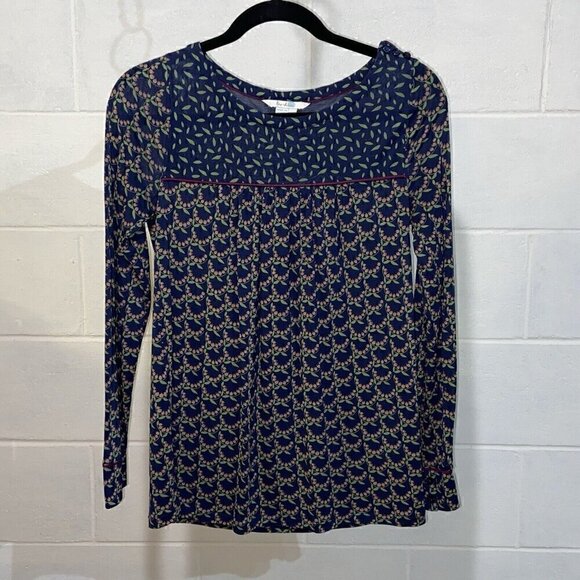 Boden Womens Jersey Knit Shirt US 2 Blue Chepstow Long Sleeve Leaf Print Pleated - Picture 1 of 5
